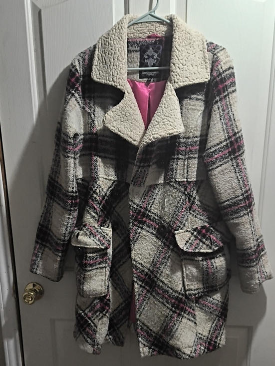 Dollhouse Jackets & Blazers - Dollhouse Cream Plaid Pea Coat with Pink & Black Accents